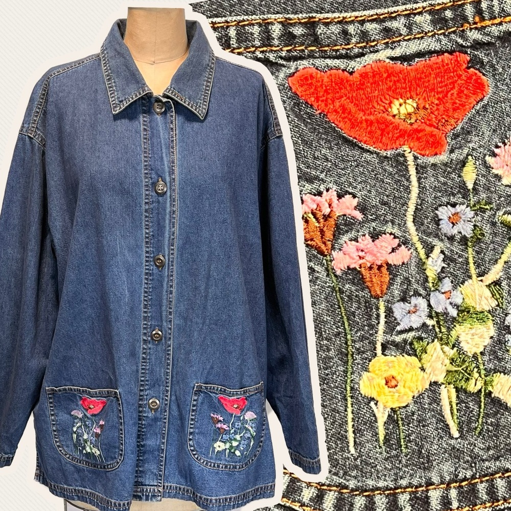 VINTAGE denim jeans shirt jacket button down embroidered poppies flowers 90s